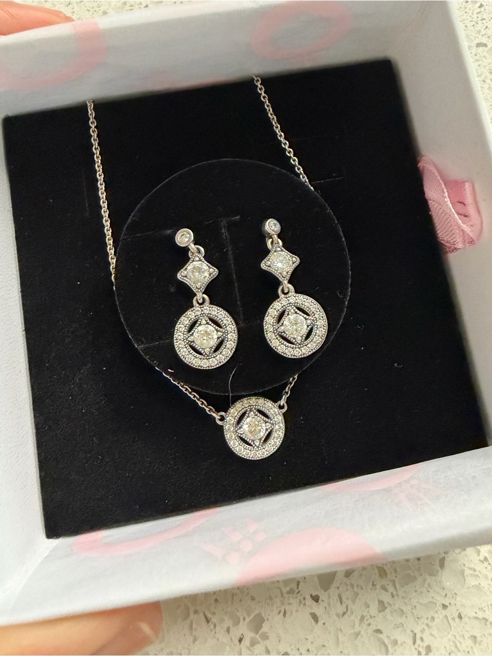 Pandora Silver-Tone Crystal Drop Earrings & Necklace with Clear Stones